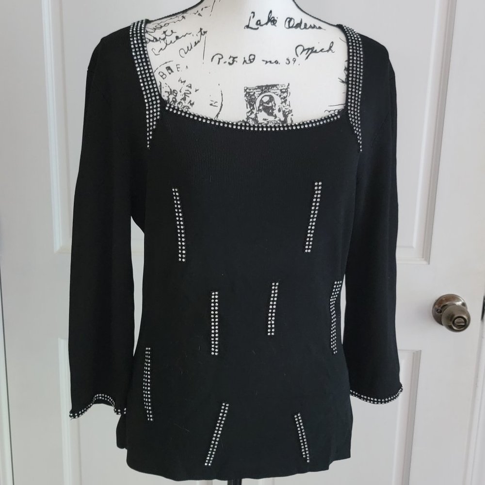 CYRUS Fine Knit Square Neck Jeweled Sweater Top L
